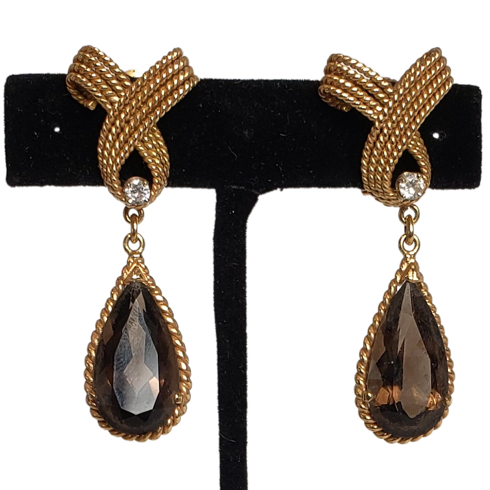 Vintage Elegance: Gold Rope Design Clip-On Earrings with Smokey Topaz Gemstones